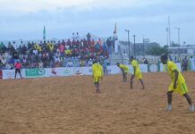 Nigeria beach soccer league ends paving way for AFCON qualifiers Kebbi Fishers Beach Soccer Club players (in yellow) in action against Kada during a recent match. Photo: Marabou News Agency