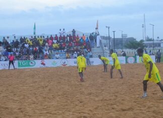Nigeria beach soccer league ends paving way for AFCON qualifiers Kebbi Fishers Beach Soccer Club players (in yellow) in action against Kada during a recent match. Photo: Marabou News Agency