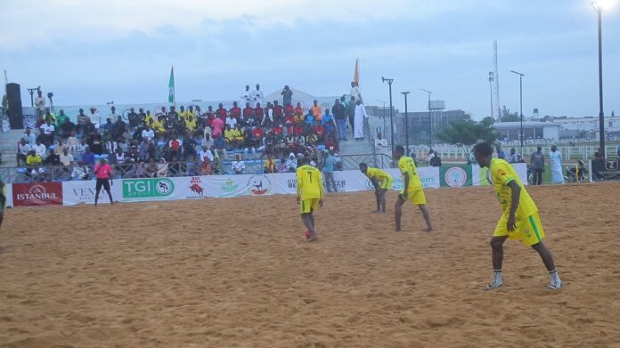 Beach_soccer_game_in_Nigeria Kebbi Fishers Beach Soccer Club players (in yellow) in action against Kada during a recent match. Photo: Marabou News Agency