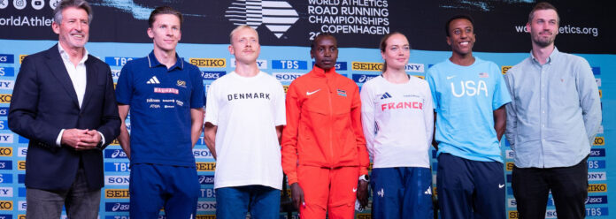 World Athletics President Sebastian Coe (left) with some of the leading contenders for the championships. Photo - Anne-Gaelle Sy for World Athletics